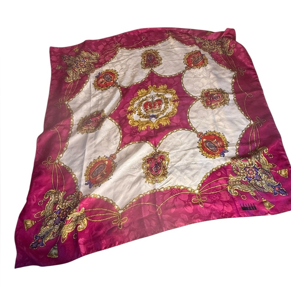 Vintage Leslie Fay Scarf Fuchsia Pink Floral Damask Crown Chain Baroque Square - Picture 4 of 8